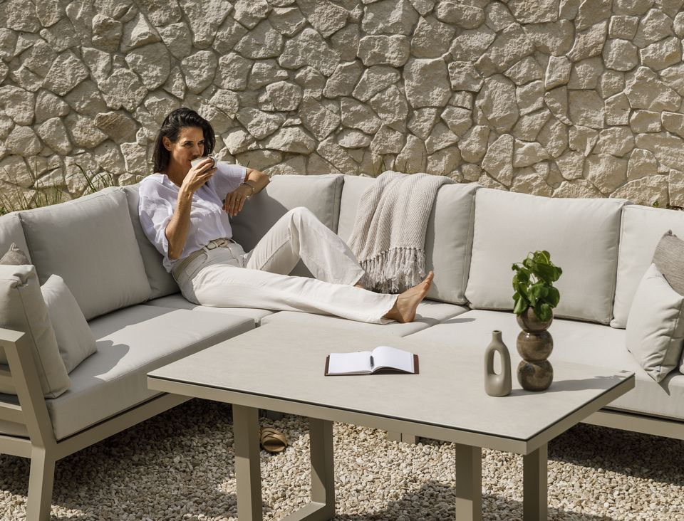 Timber loungeset beige aluminium met dune soltex kussens
