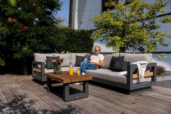 Himalaya loungeset lava aluminium met teakhout en beige kussens