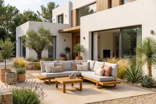 Ibiza tuinstijl met Jura loungeset in nature teakhout met dune kussens