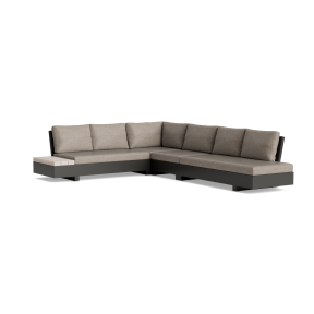 Loungeset Edge 6 personen, lava aluminium frame, grey teak tafelblad, soltex beige kussenstof, rechtsvoor, de volledige opstelling in beeld.