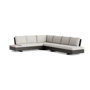 Loungeset Edge 6 personen, lava aluminium frame, grey teak tafelblad, soltex dune kussenstof, rechtsvoor, de volledige opstelling in beeld.