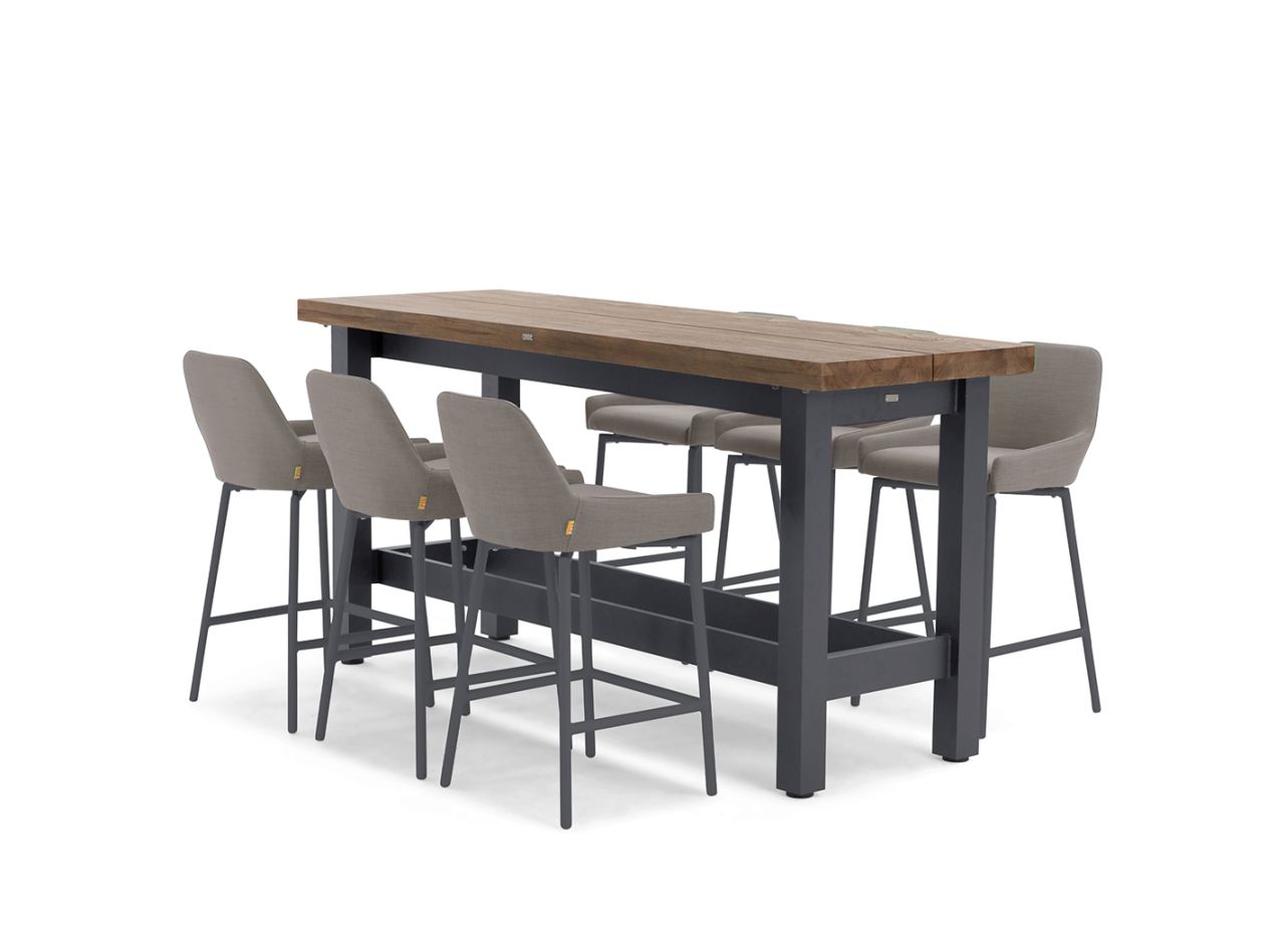 Barset Nevada 6 personen lava aluminium met teakhout en beige nuna barstoelen