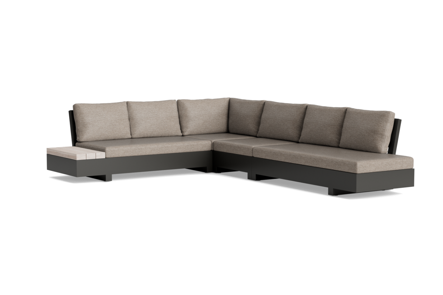 Loungeset Edge 6-seater, lava aluminium frame, grey teak table top, soltex beige cushion fabric, front right, the complete arrangement in view.