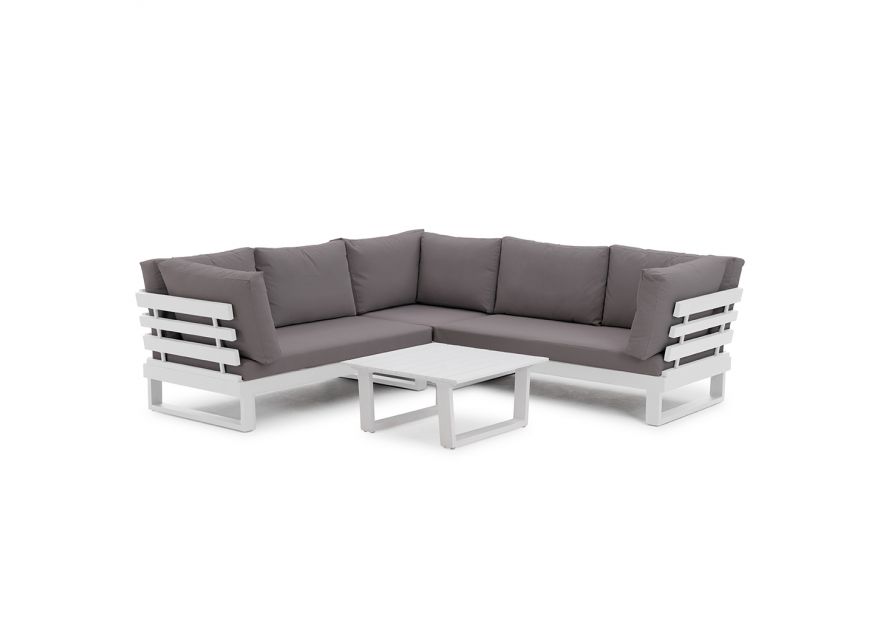 Loungeset Ibiza hoekbank met armleuning 5 personen wit aluminium en mistgrijze loungekussens