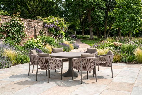 Valencia low dining tuinset met touw stoelen en taupe aluminium frame organische tuintrend